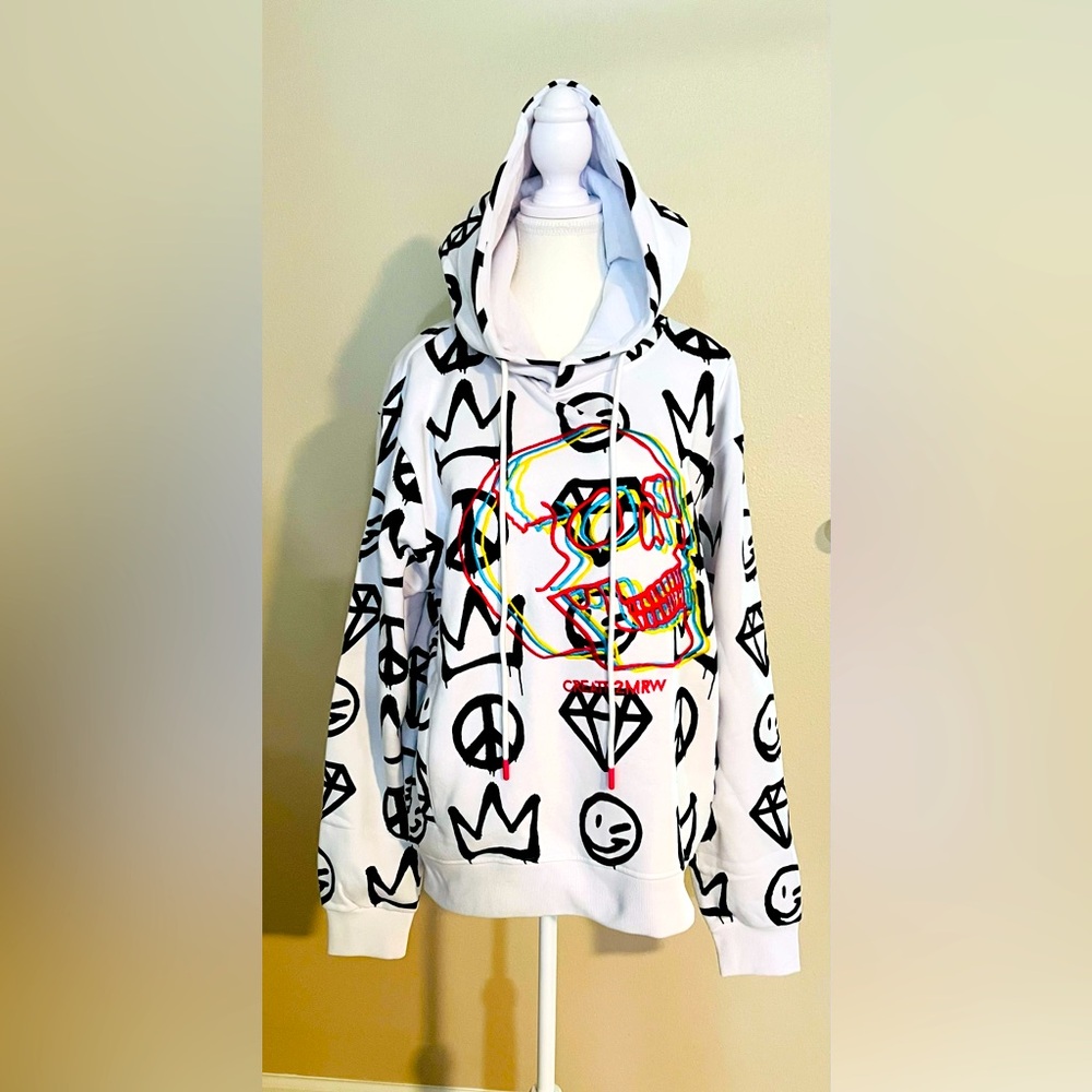 NWT Create 2MRW size L Streetwear Graffiti Embroidered Neon Scull Hoodie